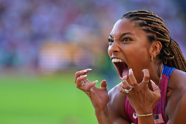 Second-placed USA's Tara Davis-Woodhall celebrates after competing in the women's long jump final during the World Athletics Championships at the National Athletics Centre in Budapest on August 20, 2023. (Photo by Andrej Isakovic/AFP Photo)