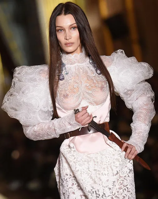 US model Bella Hadid presents a creation by Vivienne Westwood during the Women's Fall-Winter 2020-2021 Ready-to-Wear collection fashion show in Paris, on February 29, 2020. (Photo by Lucas Barioulet/AFP Photo)
