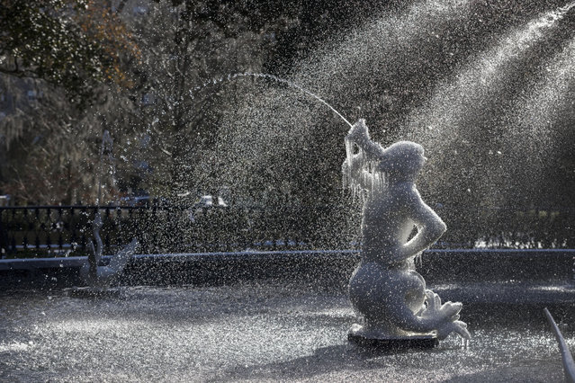 Ice clings to the cherub sculpture in the historic fountain at Forsyth Park after a rare snow storm, Wednesday, January 22, 2025, in Savannah, Ga. (Photo by Stephen B. Morton/AP Photo)