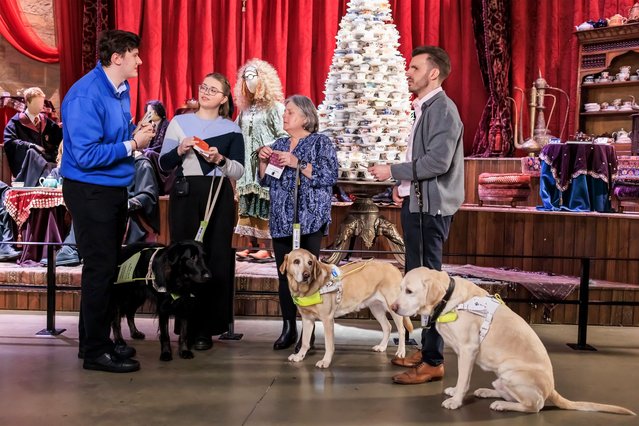Guide dog owners Penny and Skie interact with Tactile Tours at Warner Bros. Studio Tour London – The Making of Harry Potter early February 2025. Tactile Tours have been introduced in partnership with charity Guide Dogs, to encourage inclusivity across the UK attractions industry. The brand-new additions will allow visitors with visual impairments to touch authentic props and fabrics to immerse themselves into the world of Harry Potter and experience the filmmaking magic. (Photo by Ollie Dixon/Warner Bros. Studio Tour London and Guide Dogs)