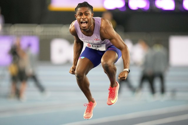 Jeremiah Azu, of Great Britain, reacts after winning the gold medal in the men's 60 meters final at the World Athletics Indoor Championships in Nanjing, China, Friday, March 21, 2025. (Photo by Dar Yasin/AP Photo)