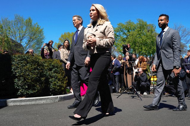 U.S. Treasury Secretary Scott Bessent and White House Press Secretary Karoline Leavitt walk after speaking with the media about tariffs at the White House on April 9, 2025. (Photo by Nathan Howard/Reuters)