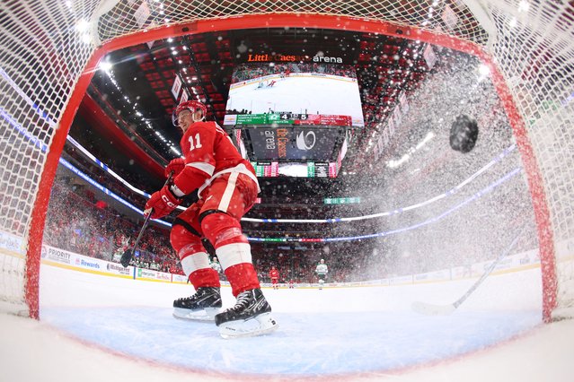 Vladimir Tarasenko #11 of the Detroit Red Wings scores a third period empty net goal while playing the Dallas Stars at Little Caesars Arena on April 14, 2025 in Detroit, Michigan. (Photo by Gregory Shamus/Getty Images)