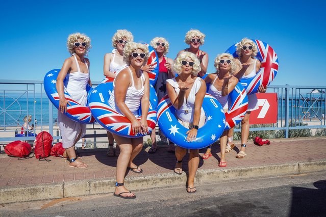 Hundreds of Marilyn Monroe impersonators wearing blonde wigs take part in the Marilyn Jetty Swim in coastal suburb of Brighton Adelaide to raise money for cancer charity in Adelaide, SA Australia on February 4, 2024. (Photo by Amer Ghazzal/Alamy Live News)