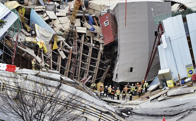 South Korean firefighters work the scene of a collapsed subway construction site in Gwangmyeong, South Korea, Saturday, April 12, 2025. (Photo by Hong Ki-won/Yonhap via AP Phoot)