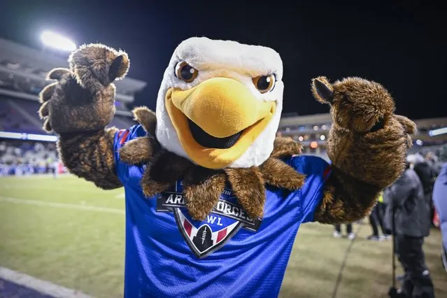 The Air Force Falcons mascot poses for a photo during the second half of the game between the Baylor Bears and the Air Force Falcons in the 2022 Armed Forces Bowl at Amon G. Carter Stadium, Fort Worth, Texas on December 22, 2022. (Photo by Jerome Miron/USA TODAY Sports)