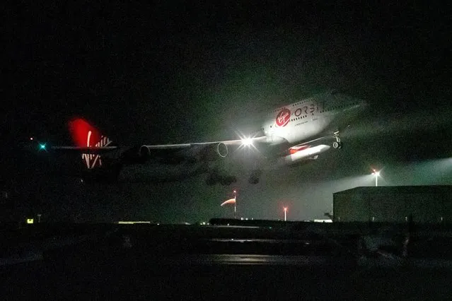 A repurposed Virgin Atlantic Boeing 747 aircraft, named Cosmic Girl, carrying Virgin Orbit's LauncherOne rocket, takes off from Spaceport Cornwall at Cornwall Airport, Newquay on Monday, January 9, 2023. The plane will carry the rocket to 35,000ft where it will be released over the Atlantic Ocean to the south of Ireland, as part of the Start Me Up mission and the first rocket launch from UK. The plane released the rocket, carrying nine small satellites for a mix of civilian and domestic uses. But about two hours after the plane took off, the company reported “an anomaly that has prevented us from reaching orbit”. (Photo by Ben Birchall/PA Images via Getty Images)