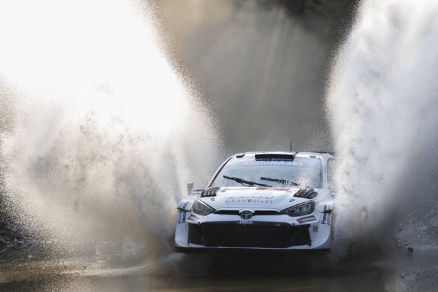 Finland's Sami Pajari and his co-driver Salminen drive their Toyota GR Yaris Rally1 at SS14 Smokovo 1, as part of the World Rally Championship (WRC), in Smokovo, Central Greece, 29 June 2025. The World Rally Championship (WRC) takes place from 26 to 29 June 2025 in Greece. (Photo by Achilleas Chiras/EPA)
