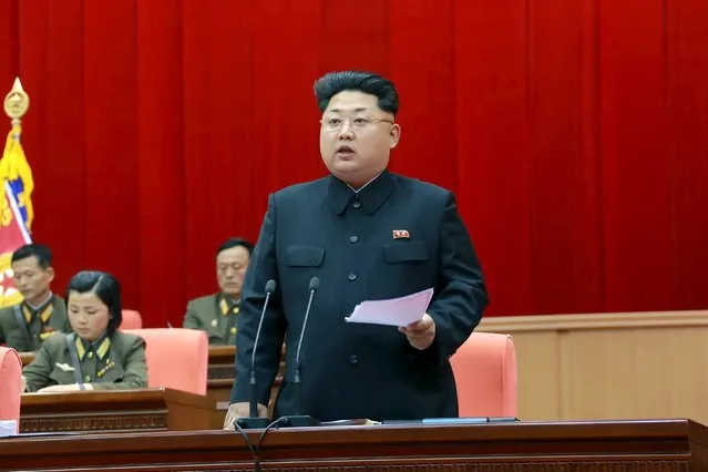 North Korean leader Kim Jong Un speaks during the 5th meeting of training officers of the Korean People's Army in this undated photo released by North Korea's Korean Central News Agency (KCNA) in Pyongyang April 26, 2015. (Photo by Reuters/KCNA)