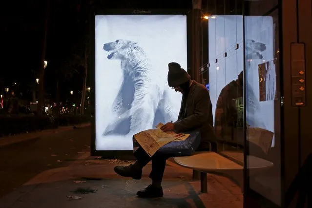 A poster by street artist Aaron Li-Hill as part of the "Brandalism" project is displayed at a bus stop in Paris, France, November 28, 2015, ahead of the United Nations COP21 Climate Change conference in Paris. (Photo by Benoit Tessier/Reuters)