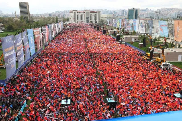 Supporters of Turkish President Tayyip Erdogan take part in a rally ahead of the May 14 presidential and parliamentary elections, in Ankara, Turkey on April 30, 2023. (Photo by Presidential Press Office/Handout via Reuters)