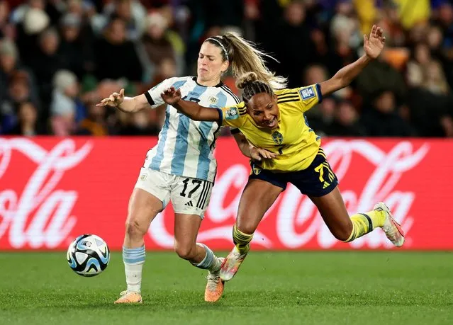 Camila Gomez Ares of Argentina battles for possession with Madelen Janogy of Sweden during the FIFA Women's World Cup Australia & New Zealand 2023 Group G match between Argentina and Sweden at Waikato Stadium on August 02, 2023 in Hamilton, New Zealand. (Photo by David Rowland/Reuters)