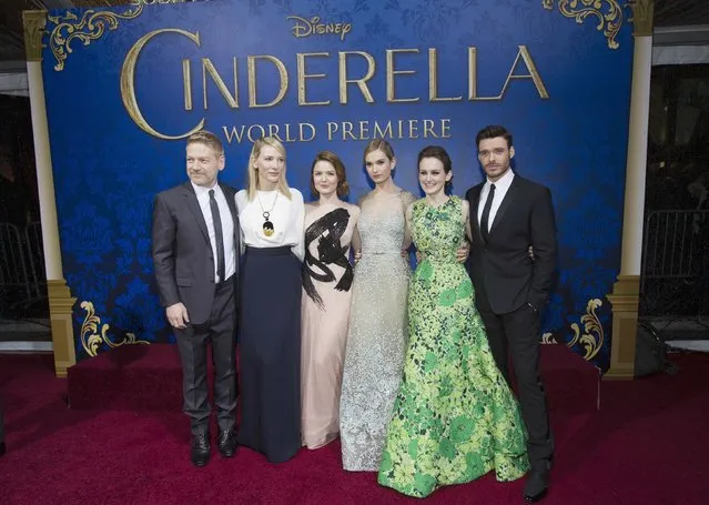 Director of the movie Kenneth Branagh poses with cast members (from 2nd L-R) Cate Blanchett, Holliday Grainger, Lily James, Sophie McShera and Richard Madden at the premiere of "Cinderella" at El Capitan theatre in Hollywood, California March 1, 2015. The movie opens in the U.S. on March 13. REUTERS/Mario Anzuoni  (UNITED STATES - Tags: ENTERTAINMENT)