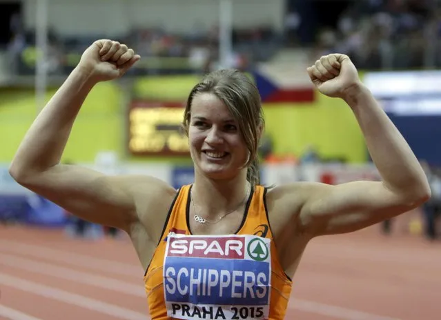 Dafne Schippers of the Netherlands celebrates after winning the women's 60 metres final during the European Indoor Championships in Prague March 8, 2015. REUTERS/David W Cerny (CZECH REPUBLIC  - Tags: SPORT ATHLETICS)  