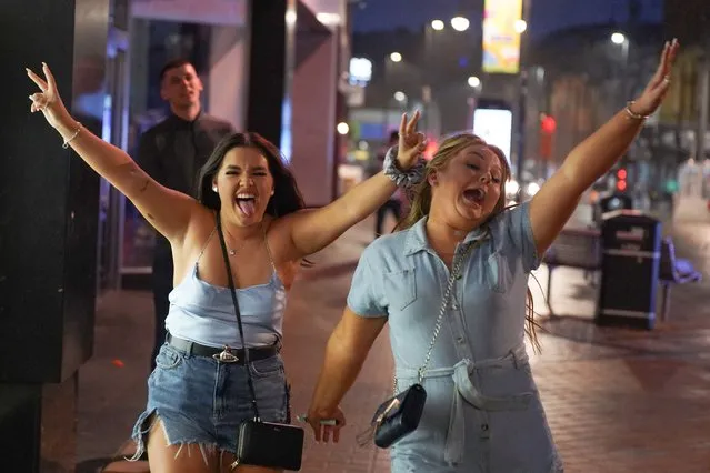 Revellers made the most of their Friday night out in Leeds, United Kingdom on July 30, 2021, after winds of up to 75mph lashed parts of the South West as Storm Evert hit the UK on Thursday and Friday. The Met Office said the newly named storm will bring “unseasonably strong winds and heavy rain”. (Photo by London News Pictures)