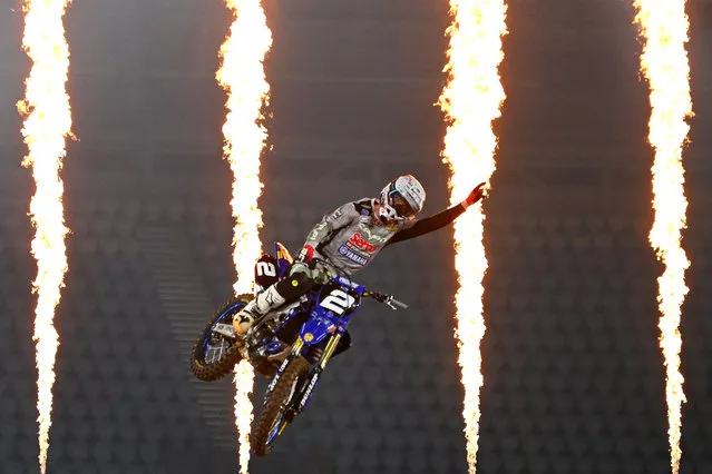 Col Thompson celebrates winning SX2 Heat 1 during the World Supercross Australian GP at Marvel Stadium on November 24, 2023 in Melbourne, Australia. (Photo by Morgan Hancock/Getty Images)