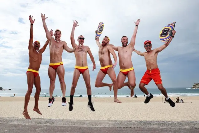Members of “Life Savers with Pride” pose during the 2024 Sydney Gay and Lesbian Mardi Gras Festival launch at Bondi Beach on February 14, 2024 in Sydney, Australia. (Photo by Don Arnold/WireImage)