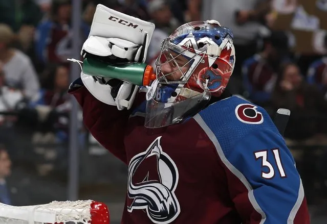 Colorado Avalanche goaltender Philipp Grubauer takes a drink during the second period of Game 4 of the team's NHL hockey second-round playoff series against the San Jose Sharks on Thursday, May 2, 2019, in Denver. (Photo by David Zalubowski/AP Photo)