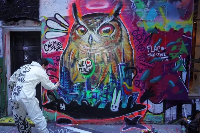 Artist Calicho Arevalo, 34, of Bogota, Colombia, touches up his spray-painted mural of Flaco, an Eurasian Eagle-Owl who died just over a year after his escape from a vandalized Central Park Zoo enclosure, after the mural was defaced in the street art destination of Freemans Alley in New York City on February 25, 2024. (Photo by Bing Guan/Reuters)