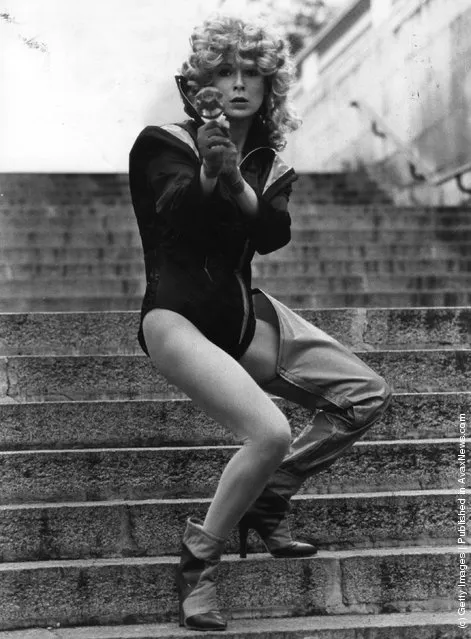 Julie Walters, the actress, pictured blasting her way into the new play 'Flaming Bodies' which is being put on by the ICA Theatre, 1979
