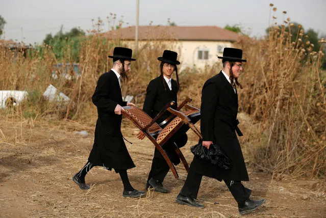 Ultra-Orthodox Jews carry a chair for rabbi Aharon Rata in preparation for the traditional harvesting of wheat in the Ultra-Orthodox moshav of Komemiyut May 3, 2016. (Photo by Amir Cohen/Reuters)