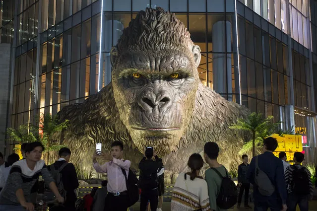 Citizens look at a giant King Kong statue at TaiKoo Hui on March 30, 2017 in Guangzhou, Guangdong Province of China. The five-metre-tall King Kong statue, which resembles its prototype in the film “Kong: Skull Island”, was built to promote the film “Kong: Skull Island” on the square of TaiKoo Hui. (Photo by VCG/VCG via Getty Images)