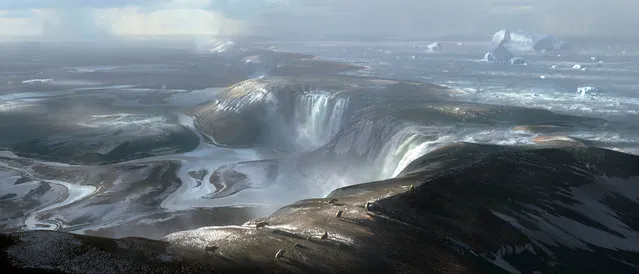 An illustration of what the land bridge connecting Britain to Europe may have looked like before the formation of the Dover Strait is seen in an image handed out by Imperial College London April 4, 2017. The foreground is around where the port of Calais is today and way in the distance (the background of this illustration) is early Britain. Huge waterfalls cascading over the land bridge represents the beginning of physical separation of Britain from Europe. (Photo by Chase Stone/Reuters/Imperial College London)