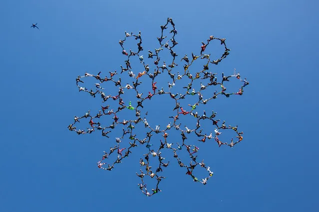 In this photo provided by Jason Peters, members of an international team of skydivers join hands, flying head-down to build their world record skydiving formation, Friday, July 31, 2015, over Ottawa, Ill. (Photo by Jason Peters via AP Photo)