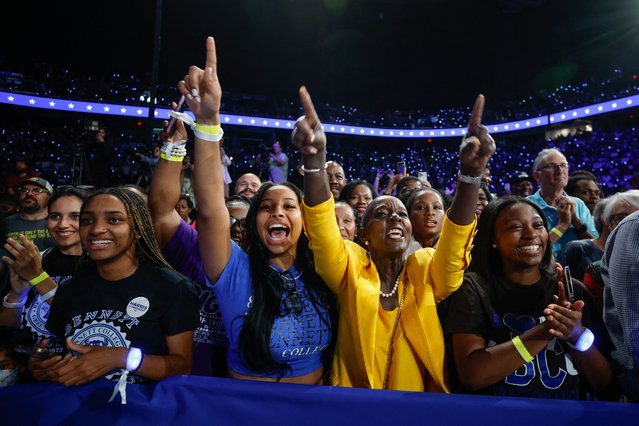 Supporters of Democratic presidential nominee and U.S. Vice President Kamala Harris react during a campaign rally in Greensboro, North Carolina, U.S., September 12, 2024. (Photo by Jonathan Drake/Reuters)