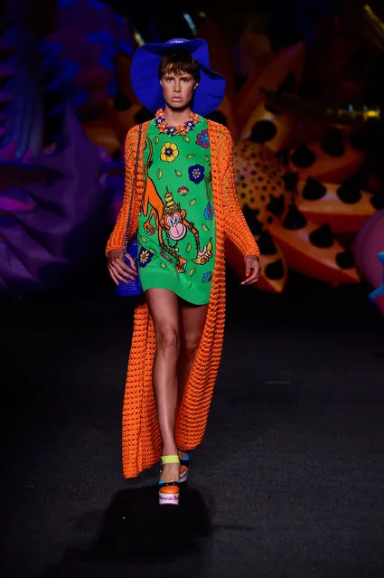 A model walks the runway at the Moschino Spring/Summer 17 Menswear and Women's Resort Collection during MADE LA at L.A. LIVE Event Deck on June 10, 2016 in Los Angeles, California. (Photo by Frazer Harrison/Getty Images for MOSCHINO)