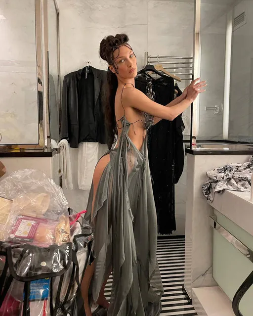 American model Bella Hadid poses Jean Paul Gaultier in the first decade of May 2022. (Photo by bellahadid/Instagram)