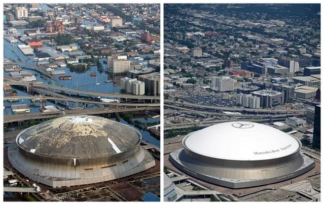 This combination of August 30, 2005 and July 29, 2015 aerial photos shows downtown New Orleans and the Superdome flooded by Hurricane Katrina and the same area a decade later. Katrina's powerful winds and driving rain bore down on Louisiana on August 29, 2005. (Photo by David J. Phillip/Gerald Herbert/AP Photo)