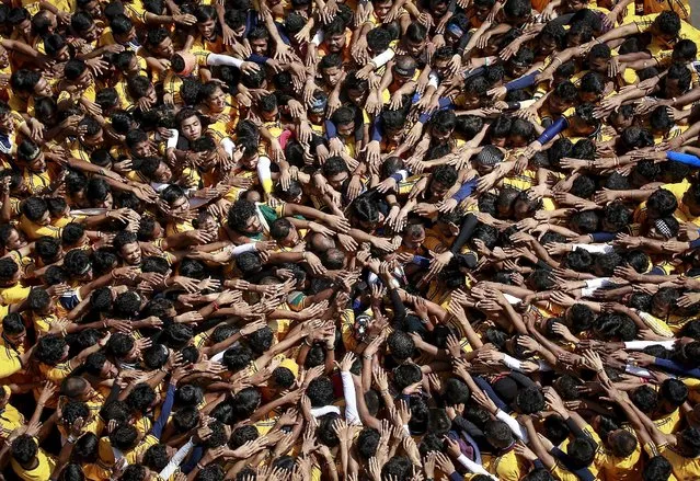 Devotees try to form a human pyramid to break a clay pot containing curd during celebrations to mark the Hindu festival of Janmashtami in Mumbai, India, September 6, 2015. (Photo by Danish Siddiqui/Reuters)