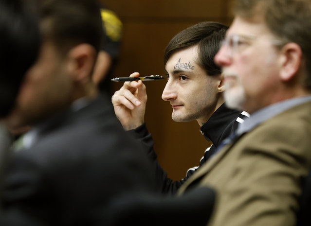 Robert E. Crimo, III listens as potential jurors are questioned for his trial at the Lake County Courthouse Tuesday, February 25, 2025, in Waukegan, Ill. (Photo by Brian Hill/Daily Herald via AP Photo, Pool)