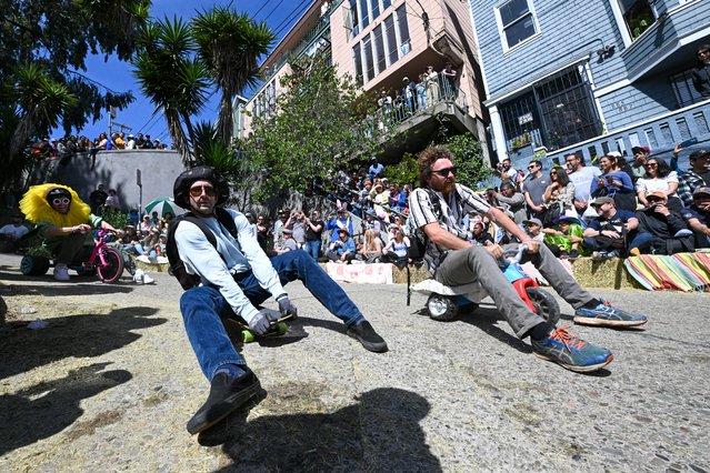 Dozens of contestants attend the “Bring Your Own Big Wheel” Race on Easter Sunday at Potrero Hill in San Francisco, California, United States on April 20, 2025. (Photo by Tayfun Coskun/Anadolu via Getty Images)