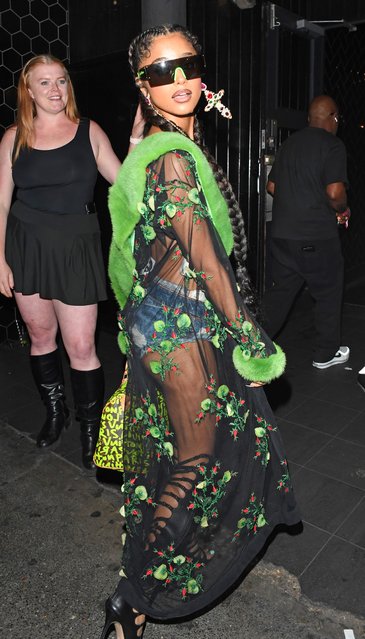 Tyla sizzles in neon as she arrives at Brixton club Phonox ahead of London gig on July 16, 2025. The 23-year-old singer-songwriter, best known for her global hit Water, turned heads in a striking neon bra paired with denim hot pants that flaunted her enviable figure. She completed the look with heeled shoes and accessories, letting her bold outfit do all the talking as she posed confidently outside the trendy venue. (Photo by Splash News and Pictures)