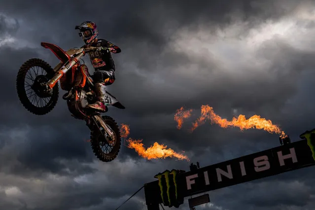 Spanish Jorge Prado Garcia celebrates as he crosses the finish line to win the motocross MXGP Grand Prix, 14th (out of 18) race of the FIM Motocross World Championship, on October 21, 2020 in Lommel, Belgium. (Photo by Jasper Jacobs/AFP Photo)