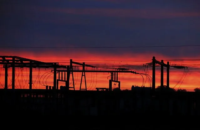 High-tension electrical power pylons are seen in silhouette as the eastern sky brightens at sunrise in Puisseguin, southwestern France, October 24, 2015. (Photo by Regis Duvignau/Reuters)