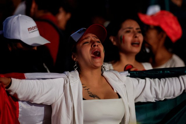 Supporters wait for Claudia Sheinbaum, presidential candidate of the ruling Morena party, who is expected to deliver a speech after the general election, in the Zocalo plaza in Mexico City, Mexico on June 2, 2024. (Photo by Daniel Becerril/Reuters)