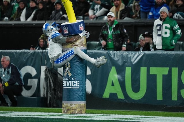 Detroit Lions wide receiver Jameson Williams celebrates scoring a touchdown during the first half of an NFL football game against the Philadelphia Eagles on Sunday, November 16, 2025, in Philadelphia. (Photo by Matt Rourke/AP Photo)