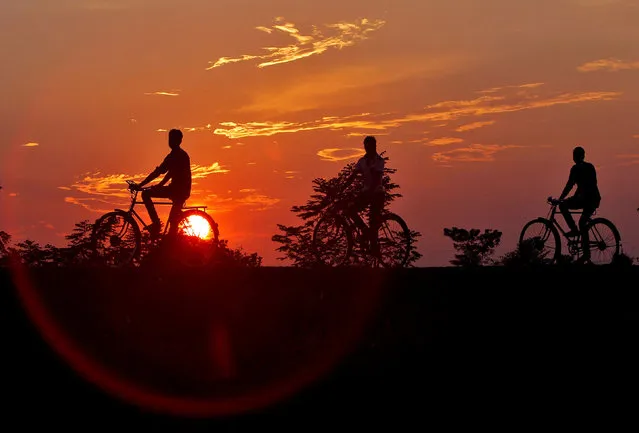 Men are silhouetted against the setting sun as they ride bicycles on the outskirts of Agartala, India, November 1, 2016. (Photo by Jayanta Dey/Reuters)