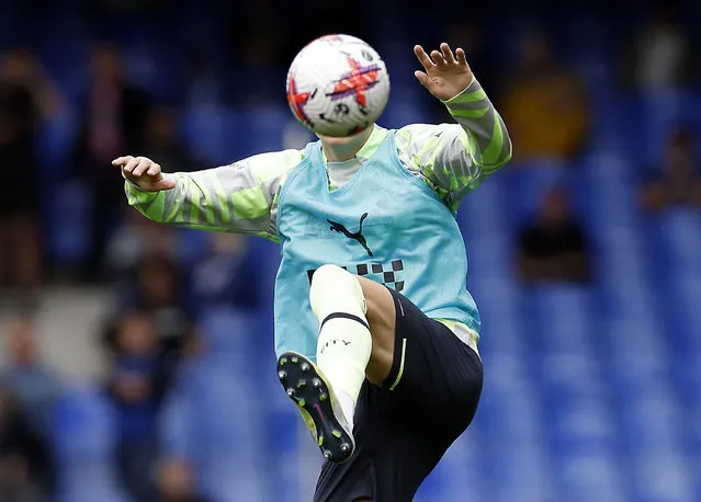 Manchester City footballer Erling Haaland during warm-up before a match Everton v Manchester City in Goodison Park, Liverpool, Britain on May 14, 2023. (Photo by Jason Cairnduff/Action Images via Reuters)