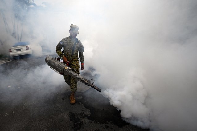 A soldier sprays insecticide to combat Aedes Aegypti mosquitoes, vector of the dengue fever, in a house in San Salvador on October 9, 2024. More than 300 people have died this year from an outbreak of dengue fever in Central America, almost half of them in Honduras, according to figures from health agencies in the region. (Photo by Marvin Recinos/AFP Photo)
