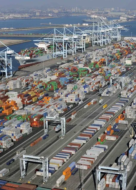 Shipping containers sit idle at the ports of Los Angeles and Long Beach, California in this aerial photo taken February 6, 2015. (Photo by Bob Riha, Jr./Reuters)