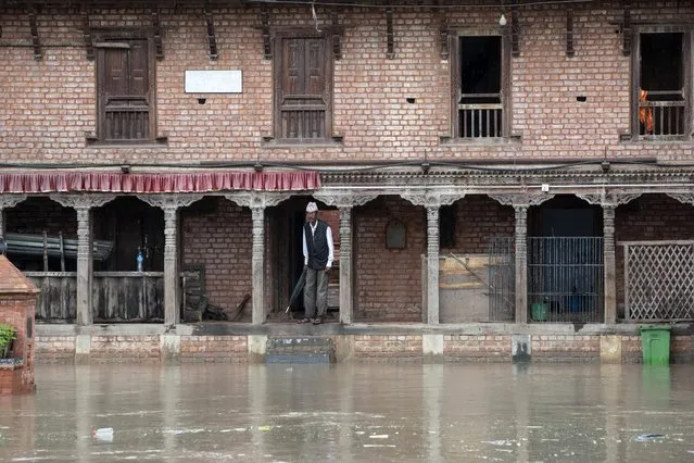 The temples area is flooded as Hanumante River rises following torrential rains in Bhaktapur, Nepal, 08 August 2023. Nepal's Department of Hydrology and Meteorology warned of heavy monsoon rains that put several parts of the country at risk of floods and landslides. According to the statement issued by Nepal's Home Ministry on 08 August, at least 38 people have died in monsoon related disasters since mid June 2023. (Photo by Narendra Shrestha/EPA)