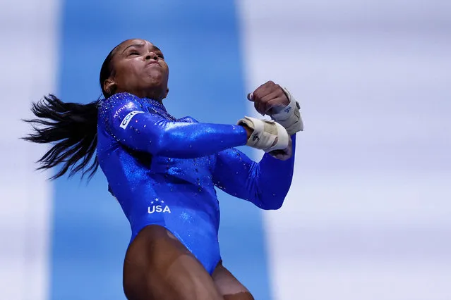 US' Shilese Jones competes on the Vault in the Women's Individual All-Around Final during the 52nd FIG Artistic Gymnastics World Championships, in Antwerp, northern Belgium, on October 6, 2023. (Photo by Kenzo Tribouillard/AFP Photo)