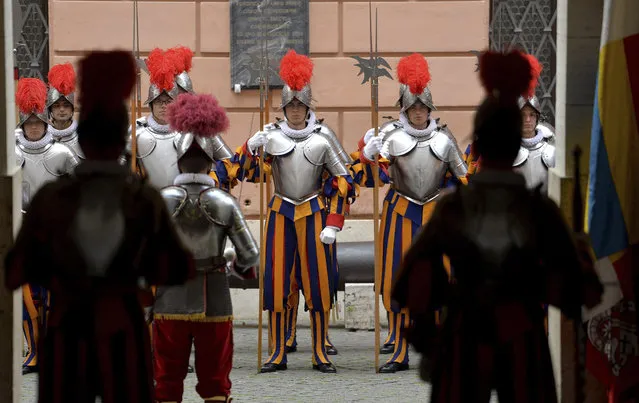 New Vatican Swiss Guards line up prior to a swearing-in ceremony, at the Vatican, Wednesday, May 6, 2015. (Photo by Ettore Ferrari/AP Photo/Pool Photo)