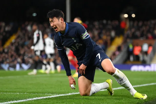 Son Heung-Min of Tottenham Hotspur reacts during the Premier League match between Fulham FC and Tottenham Hotspur at Craven Cottage on March 16, 2024 in London, England. (Photo by Alex Davidson/Getty Images)