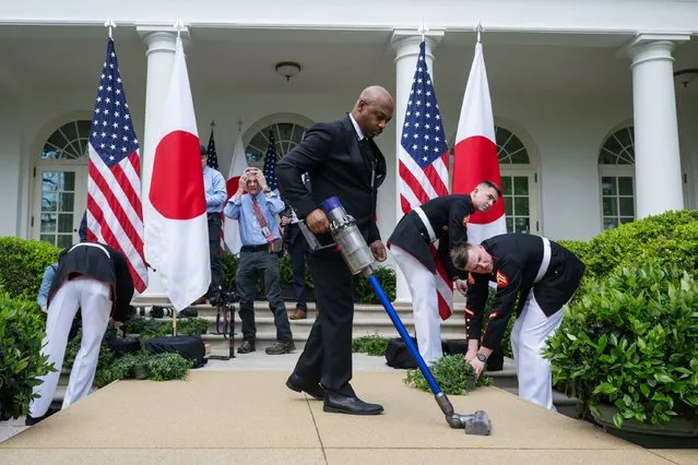 White House personnel prepare the rose garden for a joint press conference with President Joe Biden and Prime Minister Kishida Fumio of Japan at the White House in Washington, DC on April 10, 2024. (Photo by Craig Hudson for The Washington Post) 
