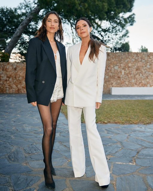 British television presenter and model Alexa Chung (L) posed beside English fashion designer, singer, and television personality Victoria Beckham in Barcelona in the last decade of April 2024. (Photo by Instagram)